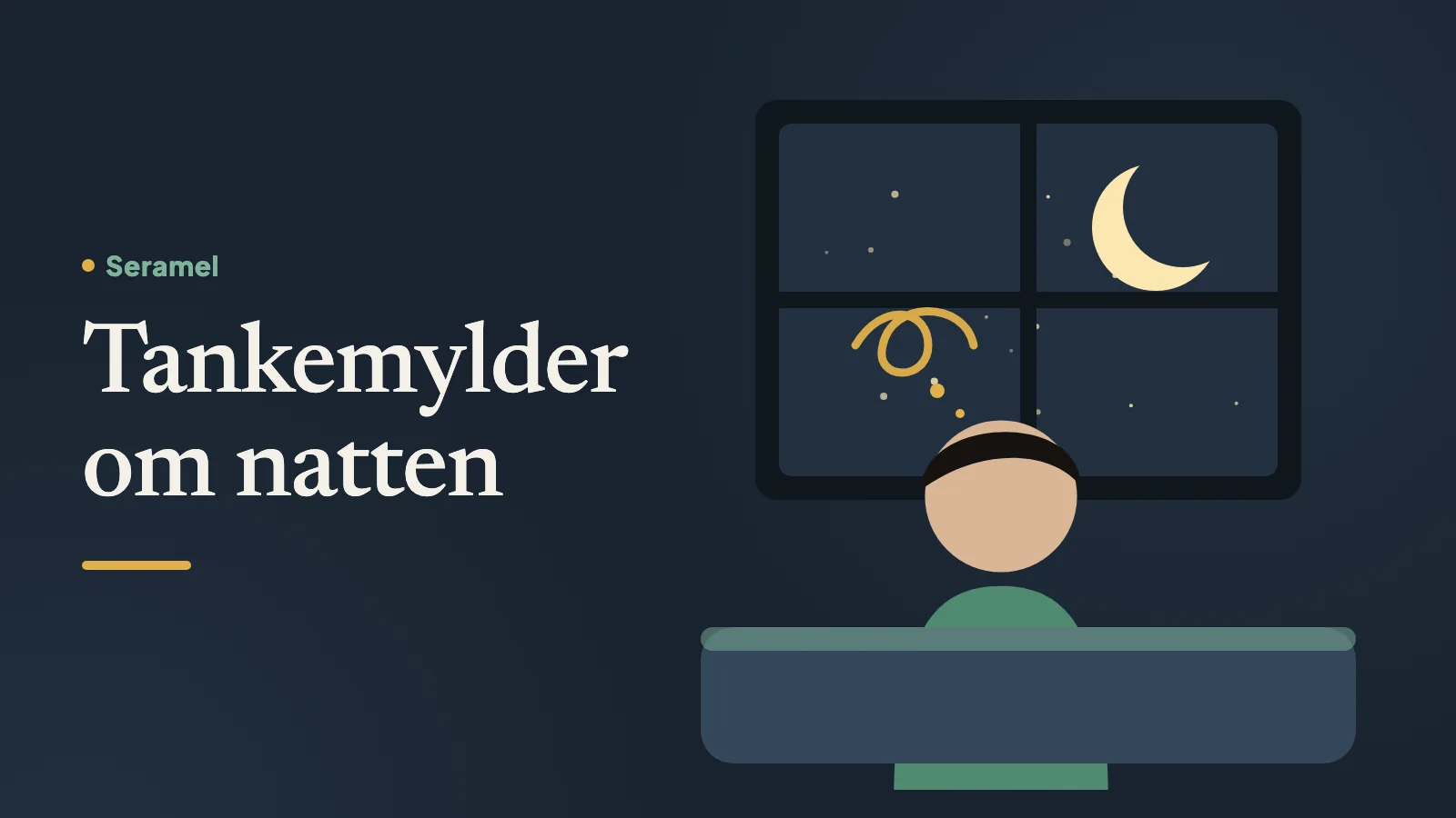 Mand ligger vågen i sengen i et mørkt soveværelse med gadelys gennem gardinet – tankemylder om natten, når man ikke kan sove.