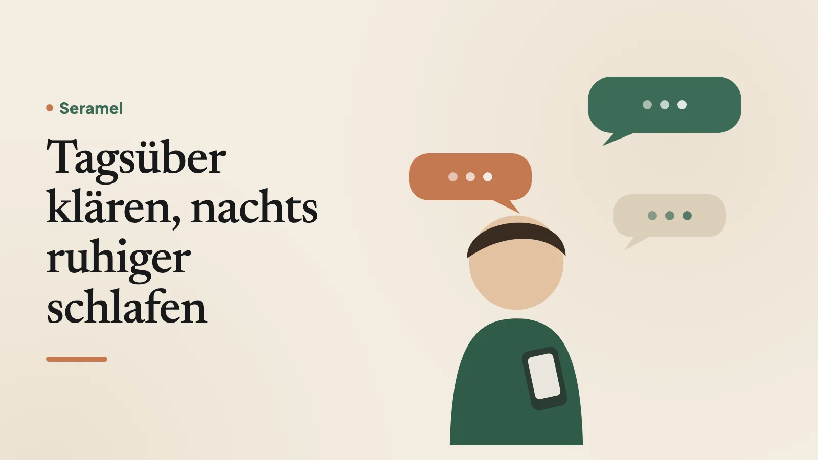 Junge Frau sitzt am frühen Abend auf dem Sofa und spricht mit Seramel über das, was sie nachts wachhält